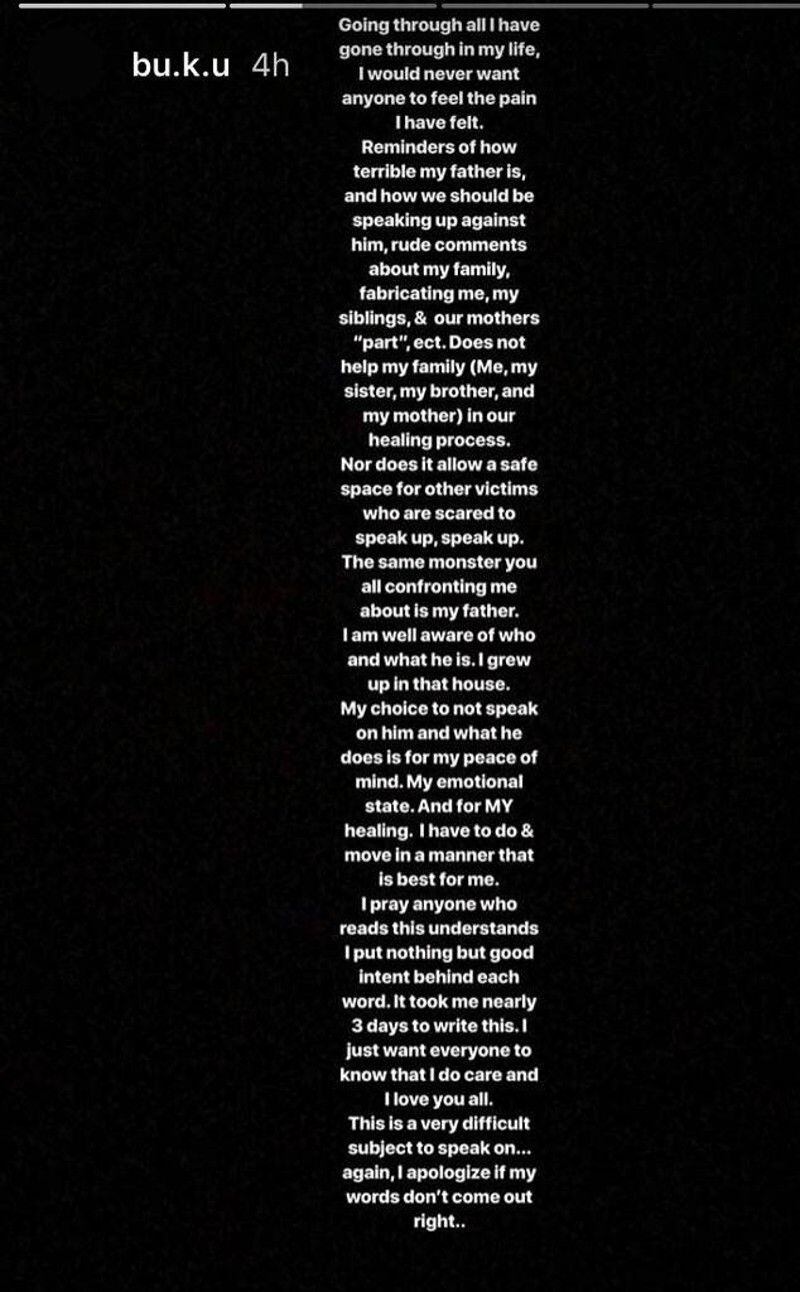 A screenshot of an Instagram story from R. Kelly's daughter, Buku Abi.