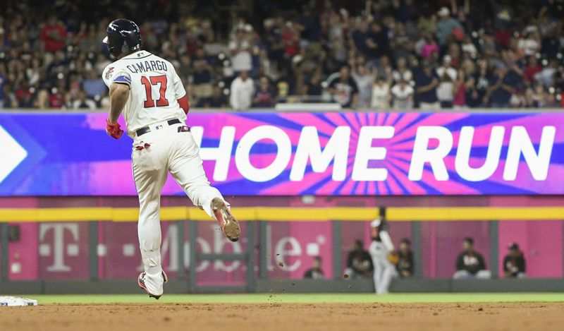 Johan Camargo of the Braves approaches second base on a two-run home run to left-center against the Marlins, Saturday, Sept. 9, 2017, at SunTrust Park in Atlanta. (AP Photo/John Amis)