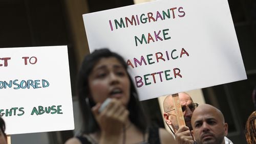 Undocumented immigrant Larissa Martinez, 21, from Mexico City speaks at a protest rally against the separation of immigrant families in front of a U.S. federal court on July 11, 2018 in Bridgeport, Connecticut.  (Photo by John Moore/Getty Images)