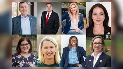 Top row, left to right: Frank Auman, Roger Orlando, Virginia Rece and Noelle Monferdini. Bottom row, left to right: Alexis Weaver, Anne Lerner, Imani Barnes and Cara Schroeder. Barnes and Schroeder are currently in a runoff for Tucker's District 2, Post 2 seat, while everyone else has either been elected or remains in their term in office.