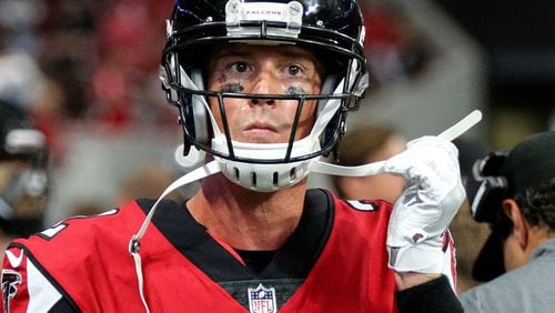 October 15, 2017 Atlanta: Falcons quarterback Matt Ryan appears stunned on the sidelines after throwing a interception to Miami in the final minute of the game after driving into field goal range to fall 20-17 in a NFL football game on Sunday, October 15, 2017, in Atlanta. Curtis Compton/ccompton@ajc.com
