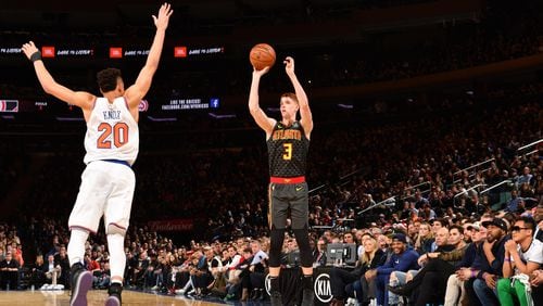 Kevin Huerter of the Atlanta Hawks shoots a 3-pointer against the New York Knicks on Dec. 21, 2018 at Madison Square Garden in New York City, New York.