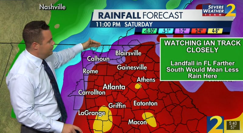 Parts of North Georgia could pick up significant rainfall by Sunday night depending on how closely the remnants of Hurricane Ian pass by to the south, according to Channel 2 Action News meteorologist Brian Monahan.