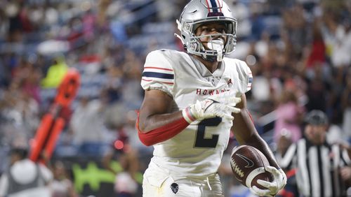 Howard University running back Jarett Hunter (2) reacts to his touchdown in the first half of the 2022 Cricket MEAC/SWAC Challenge at Center Parc Stadium Saturday, August 27, 2022. (Daniel Varnado/For the AJC)