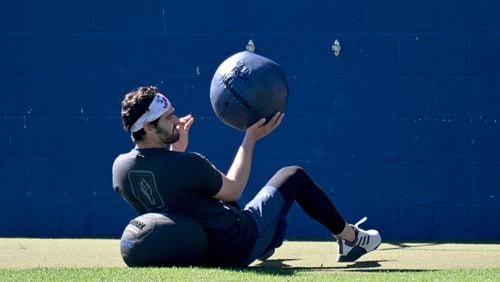 Braves starting pitcher Ian Anderson works on strength and conditioning during the first full-squad spring training workout at CoolToday Park, Tuesday, Feb., 20, 2024, in North Port, Florida. (Hyosub Shin / Hyosub.Shin@ajc.com)