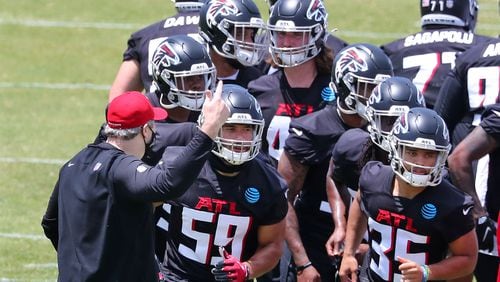New Falcons head coach Arthur Smith (left) has the rookies off and running during rookie minicamp on Friday, May 14, 2021, in Flowery Branch. (Curtis Compton / Curtis.Compton@ajc.com)