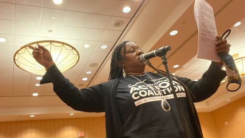 Meymoona Freeman, a leader of the Stone Mountain Action Coalition, speaks during a Monday afternoon meeting of the Stone Mountain Memorial Association board of directors.