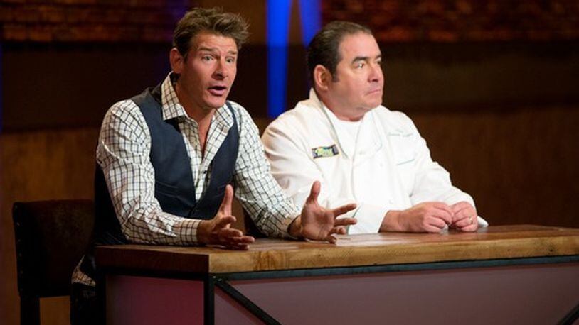 Ty Pennington (left) hosts and Emeril Legasse judges in the new TNT show "On the Menu." CREDIT: TNT