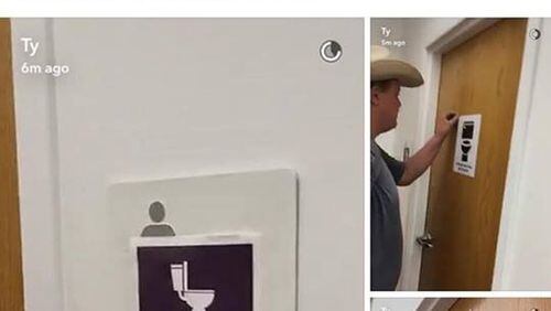 University of West Georgia junior Lans Carcioppolo started a debate over free expression and transgender rights when he posted on Facebook these photos of himself pulling down unofficial gender-neutral signs on the campus library bathroom doors.
