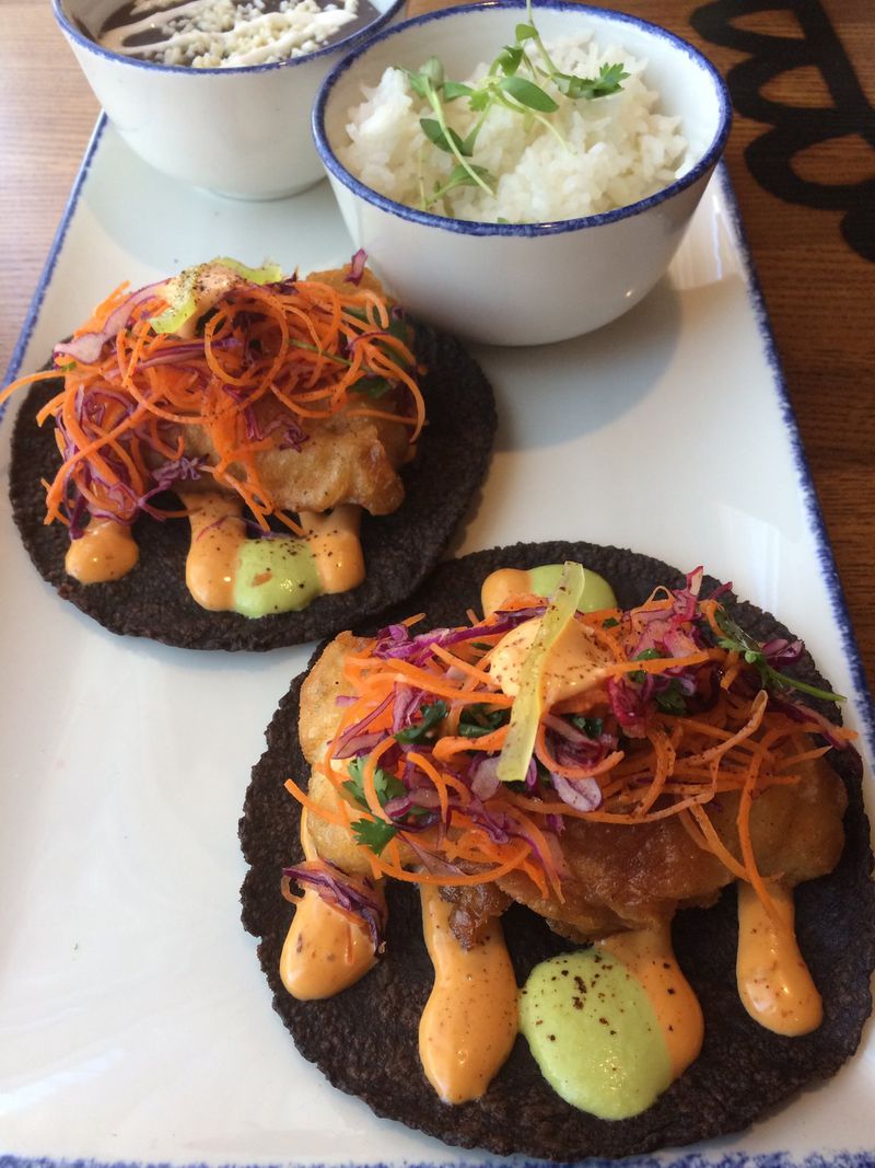 The fish tacos at Casi Cielo in Sandy Springs are made with mahi-mahi tempura and served on blue-corn tortillas. CONTRIBUTED BY WENDELL BROCK