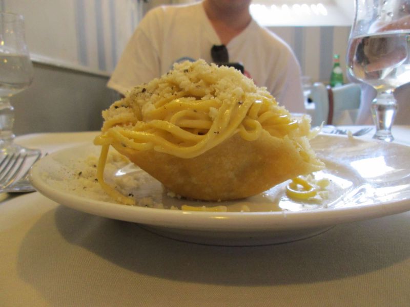 Cacio e pepe, here served at a restaurant in the Trastevere area of Rome, is pasta with black pepper and grated pecorino Romano cheese. (Courtesy of Olivia King)