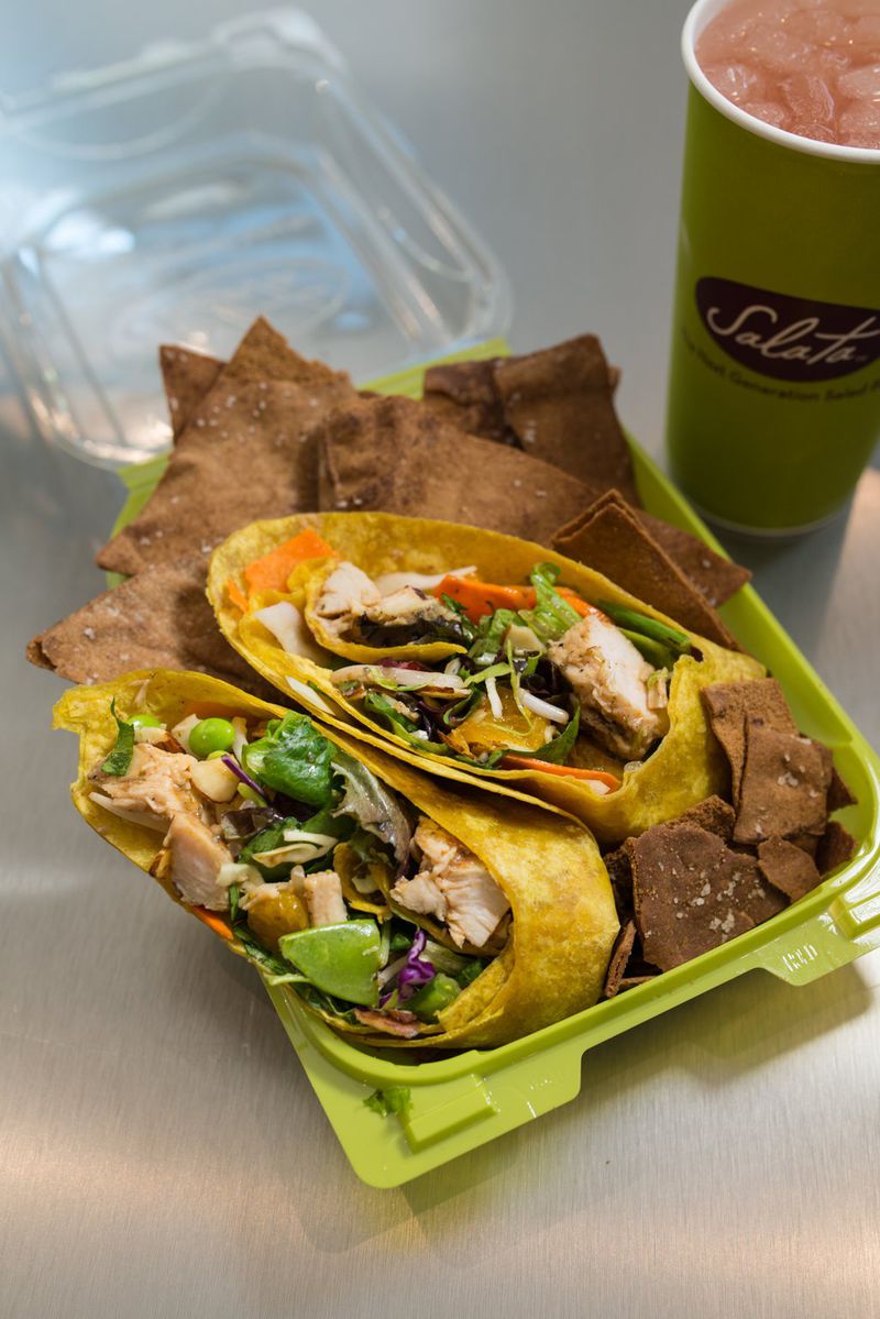 Salata doesn’t limit you to salads. You can also get wraps. This Thai ginger tortilla wrap has bean sprouts, mandarin orange, almonds, Asian barbecue chicken, jicama, edamame, carrots and sesame sticks. CONTRIBUTED BY MIA YAKEL
