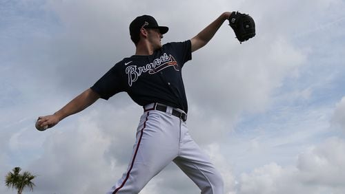 Braves pitching prospect Ian Anderson loosens up on a practice field Feb. 14, 2020, during spring training at CoolToday Park in North Port, Fla.