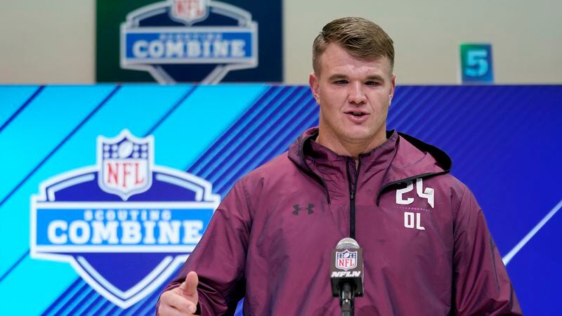 Notre Dame offensive lineman Mike McGlinchey speaks to the media during NFL Combine press conferences March 1, 2018, at the Indiana Convention Center on  in Indianapolis.