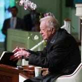 June 9, 2019 Plains: President Jimmy Carter, 94, the 39th U.S. president and Plains native, opens his Bible to begin the lesson as he returns to Maranatha Baptist Church to teach Sunday School less than a month after falling and breaking his hip on Sunday, June 9, 2019, in Plains.  Curtis Compton/ccompton@ajc.com