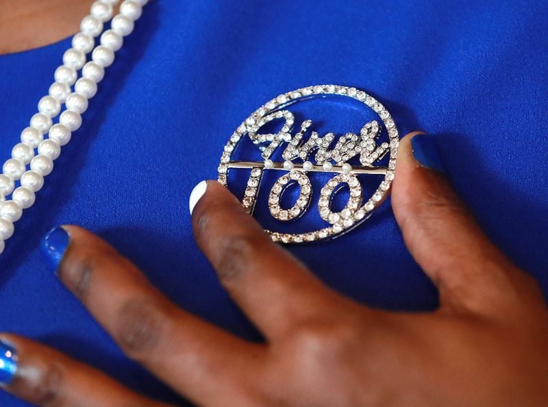 Zeta Phi Beta Sorority member Stephanie Garrett wears her finer 100 pendant during their 100 Years of Finer A Centennial Celebration on Thursday, January 16, 2020, in Dunwoody. (Curtis Compton / ccompton@ajc.com)