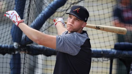 Braves prospect Bryce Ball takes batting practice at spring training.