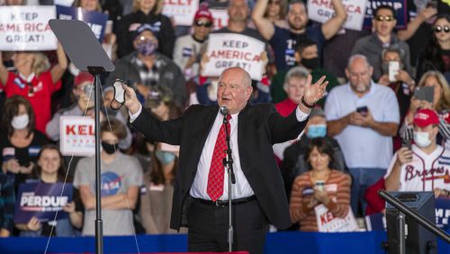 Recently-released federal data shows six companies connected to U.S. Secretary of Agriculture Sonny Perdue received Paycheck Protection Program loans totaling $361,000. Perdue is seen here speaking at a Republican rally in Gainesville in November. (Alyssa Pointer / Alyssa.Pointer@ajc.com)
