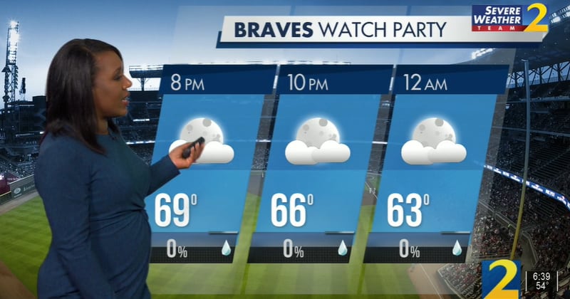 Channel 2 meteorologist Eboni Deon said temperatures will be in the 60s at The Battery for the Braves watch party Wednesday night.