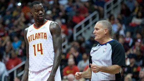 Atlanta Hawks center Dewayne Dedmon (14) argues with a referee during an NBA game against the Denver Nuggets at Philips Arena, Friday, Oct. 27, 2017, in Atlanta.  BRANDEN CAMP/SPECIAL