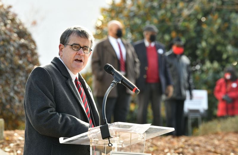 January 9, 20201 Athens - UGA President Jere Morehead makes a remark during a ceremonial ringing of the Chapel Bell to honor the 60th anniversary of desegregation of the University of Georgia outside the UGA Chapel on the campus in Athens on Saturday, January 9, 2021. On January 9, 1961, two courageous students, Hamilton Holmes and Charlayne Hunter, took heroic steps on the University of GeorgiaÕs campus to enroll as students followed by Mary Frances Early, who entered graduate school that summer. Their legacies continue as they have contributed a lifetime of public service to their communities. Because of these students, the university now boasts a diverse campus made of numerous nationalities, races and ethnicities. (Hyosub Shin / Hyosub.Shin@ajc.com)