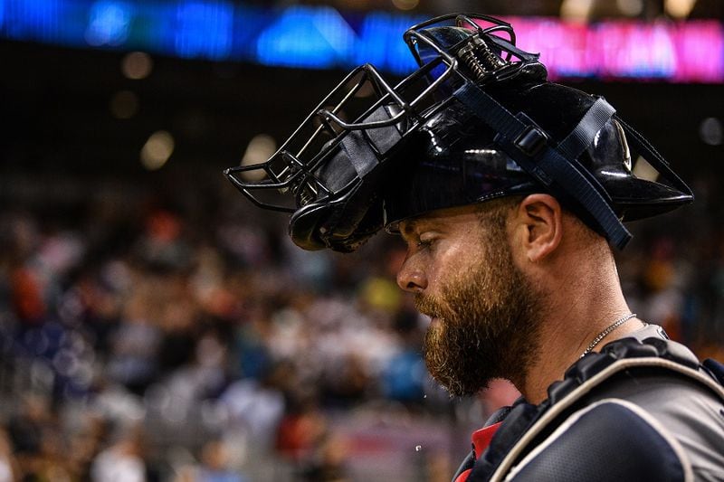 Catcher  Brian McCann of the Braves walks off the field after the loss. (Photo by Mark Brown/Getty Images)