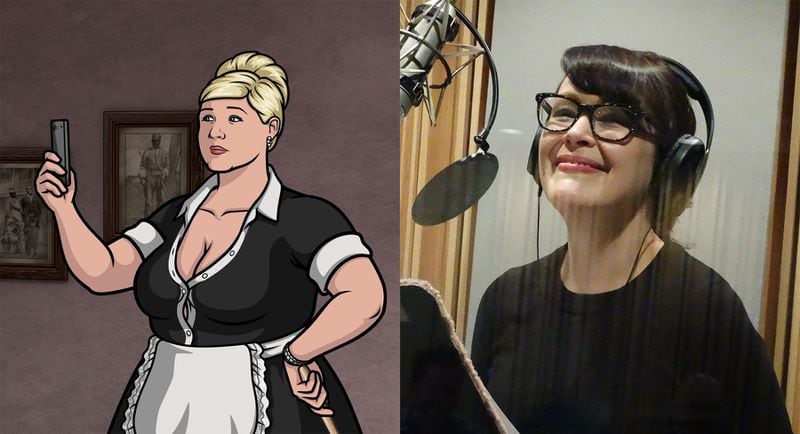 Pam Poovey is voiced by Amber Nash (right in the studio). CREDIT: (left) FX, (right) Rodney Ho/rho@ajc.com
