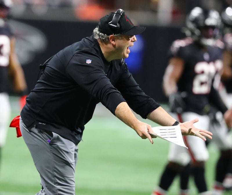 Falcons coach Arthur Smith reacts on the sidelines when his team fails to make a fourth-and-1 attempt against the Patriots during the third quarter.   “Curtis Compton / Curtis.Compton@ajc.com”