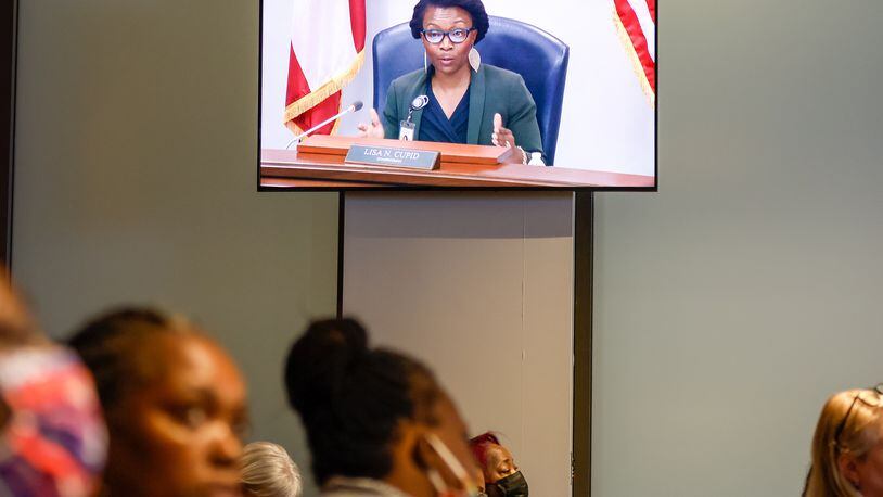 Chairwoman Lisa Cupid speaks at the Cobb County Board of Commissioners meeting with several renters and tenants' rights activists in attendance in Marietta on Tuesday, September 27, 2022.   (Arvin Temkar / arvin.temkar@ajc.com)
