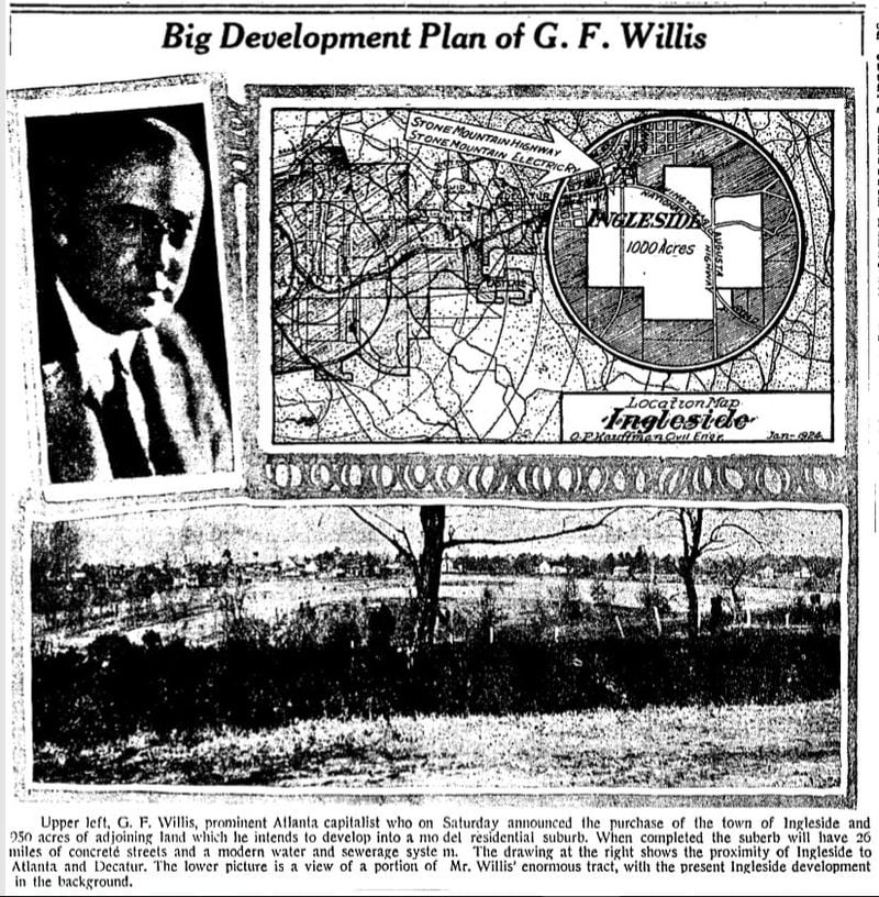 Part of a 1924 Atlanta Constitution article announcing George F. Willis' purchase of acreage in the Ingleside community, where he would build Avondale Estates.
