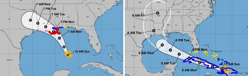 Two NOAA maps show projected paths of Laura and Marco