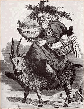 Santa through the years: Folk tale depiction of Father Christmas riding on a goat.