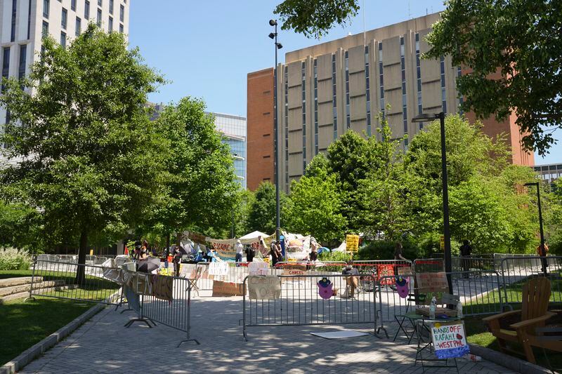 Pro-Palestinian protesters with tents occupy a quad at Drexel University, in Philadelphia, Tuesday, May 21, 2024. (AP Photo/Matt Rourke)