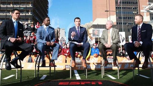 ESPN's College GameDay team of (l-r) former UGA All-American David Pollack, Desmond Howard, Rece Davis, Lee Corso and Kirk Herbstreit will broadcast from Atlanta Sept. 2.