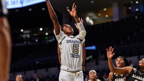 Georgia Tech freshman Elizabeth Balogun recorded her first career double-double in the Yellow Jackets' win over Boston College Thursday with 18 points and 17 rebounds. (Danny Karnik/Georgia Tech Athletics)