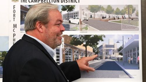 Developer Stephen Macauley describes his proposed Campbellton district during a meeting of the McPherson Implementing Local Redevelopment Authority Board on July 11, 2019, in Atlanta. CURTIS COMPTON/CCOMPTON@AJC.COM
