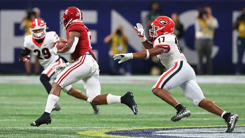 Nakobe Dean and the rest of the Georgia defense spent a lot time chasing against Alabama in the SEC Championship Game. Against Michigan, they hope to do more catching. “Curtis Compton / Curtis.Compton@ajc.com”`