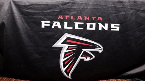 042922 Flowery Branch: The Atlanta Falcons logo is shown in the media room the day after the first round of the 2022 NFL Draft at the Falcons Practice Facility Friday, April 29, 2022, in Flowery Branch, Ga. (Jason Getz / Jason.Getz@ajc.com)