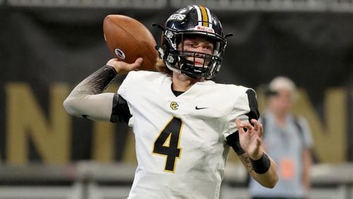 Colquitt County quarterback Jaycee Harden (4) attempts a pass in the first half against McEachern during the Corky Kell Classic game Saturday, Aug. 18, 2018, at Mercedes-Benz Stadium in Atlanta.