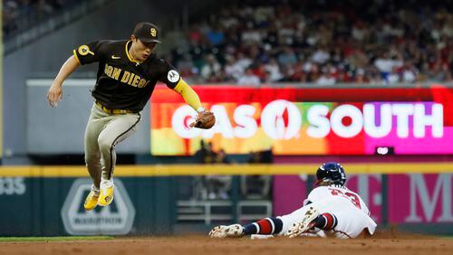 San Diego Padres infielder Ha-Seong Kim cannot tag Braves outfielder Michael Harris II at second base during the second inning at Truist Park on Thursday, April 6, 2023.
Miguel Martinez /miguel.martinezjimenez@ajc.com