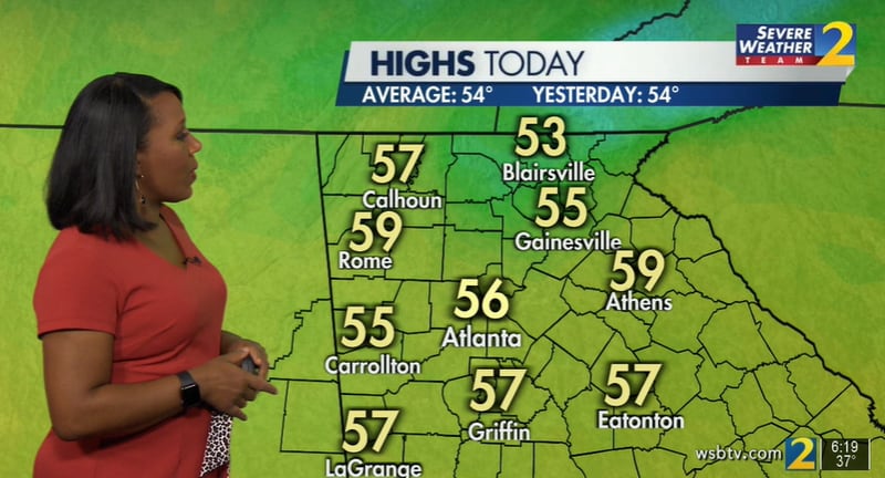 Channel 2 Action News meteorologist Eboni Deon expects Atlanta will hit its projected high of 56 degrees by early Monday afternoon.