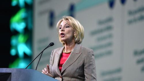 U.S. Education Secretary Betsy DeVos speaks during a conference at the Georgia World Congress Center in November 2018. AJC FILE PHOTO