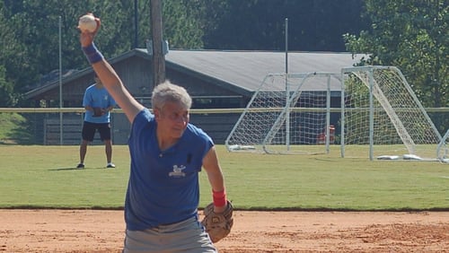 Gene Benator throws a pitch during another Marcus Jewish Community Center of Atlanta league game. The 68-year-old from Dunwoody has been playing the game with them for 47 years now. If his knees hold up, he hopes to play for three more before he retires his pitch for good. CONTRIBUTED