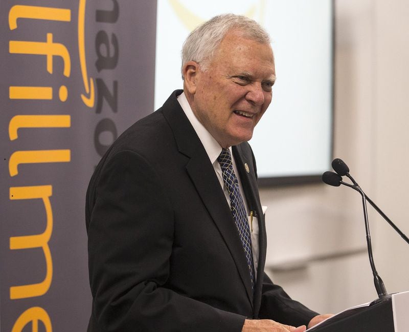 08/10/2018 — Jefferson, Georgia — Georgia Govener Nathan Deal speaks during a press conference at the one-year-old Amazon Fulfillment Center in Jefferson, Friday, August 10, 2018 (ALYSSA POINTER/ALYSSA.POINTER@AJC.COM)