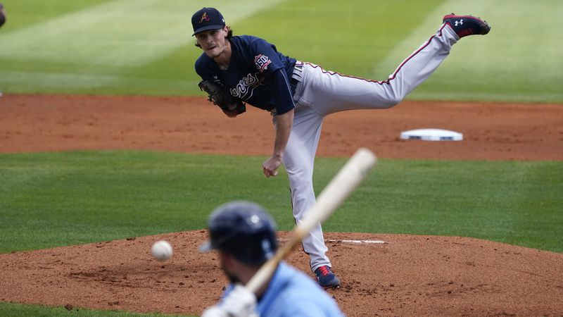 Braves starting pitcher Max Fried (54) delivers to a Tampa Bay Rays batter in the second inning of a spring training game Sunday, March 21, 2021, in Port Charlotte, Fla. (John Bazemore/AP)