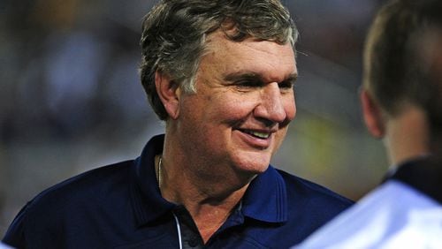 ATLANTA, GA - SEPTEMBER 3: Head Coach Paul Johnson of the Georgia Tech Yellow Jackets chats with players late in the game against the Alcorn State Braves on September 3, 2015 in Atlanta, Georgia. Photo by Scott Cunningham/Getty Images)