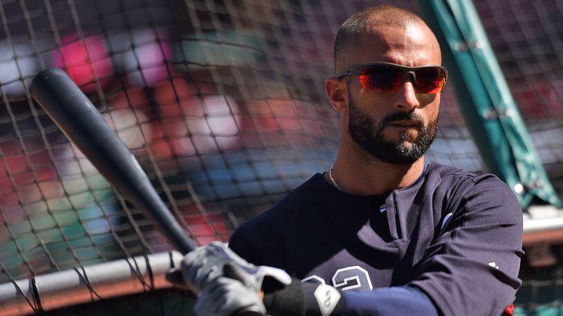 Braves right fielder Nick Markakis warms during batting practice before Game 4 of the Division Series against the Cardinals Monday, Oct. 7, 2019, at Busch Stadium in St. Louis.