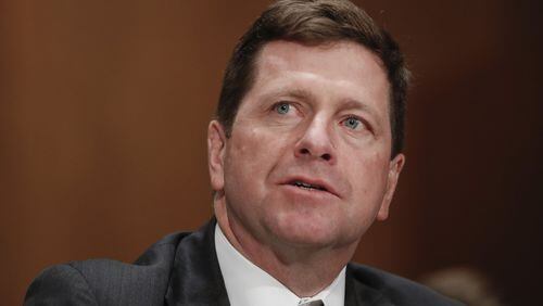Securities and Exchange Commission (SEC) Chairman Jay Clayton is shown testifying at his confirmation hearing in 2017 before the Senate Banking Committee. (AP Photo/Pablo Martinez Monsivais, File)