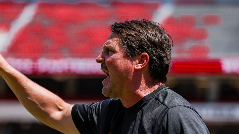 Georgia co-defensive coordinator Will Muschamp during a preseason scrimmage on Dooley Field at Sanford Stadium in Athens, Ga., on Saturday, Aug. 13, 2022. (Photo by Tony Walsh)