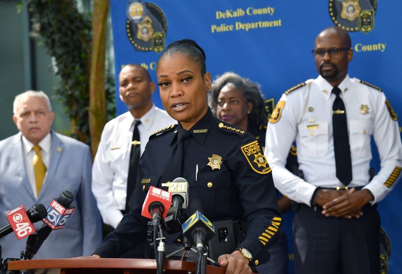April 21, 2022 Tucker - DeKalb County Sheriff Melody  Maddox speaks to members of the press during a news conference outside DeKalb County Police Headquarters in Tucker on Thursday, April 21, 2022. A 13-year-old boy was arrested Thursday morning in connection with the shooting outside a skating rink earlier this month that left 11-year-old D’Mari Johnson severely injured. DeKalb County police announced the arrest at a news conference. No motive was released. (Hyosub Shin / Hyosub.Shin@ajc.com)